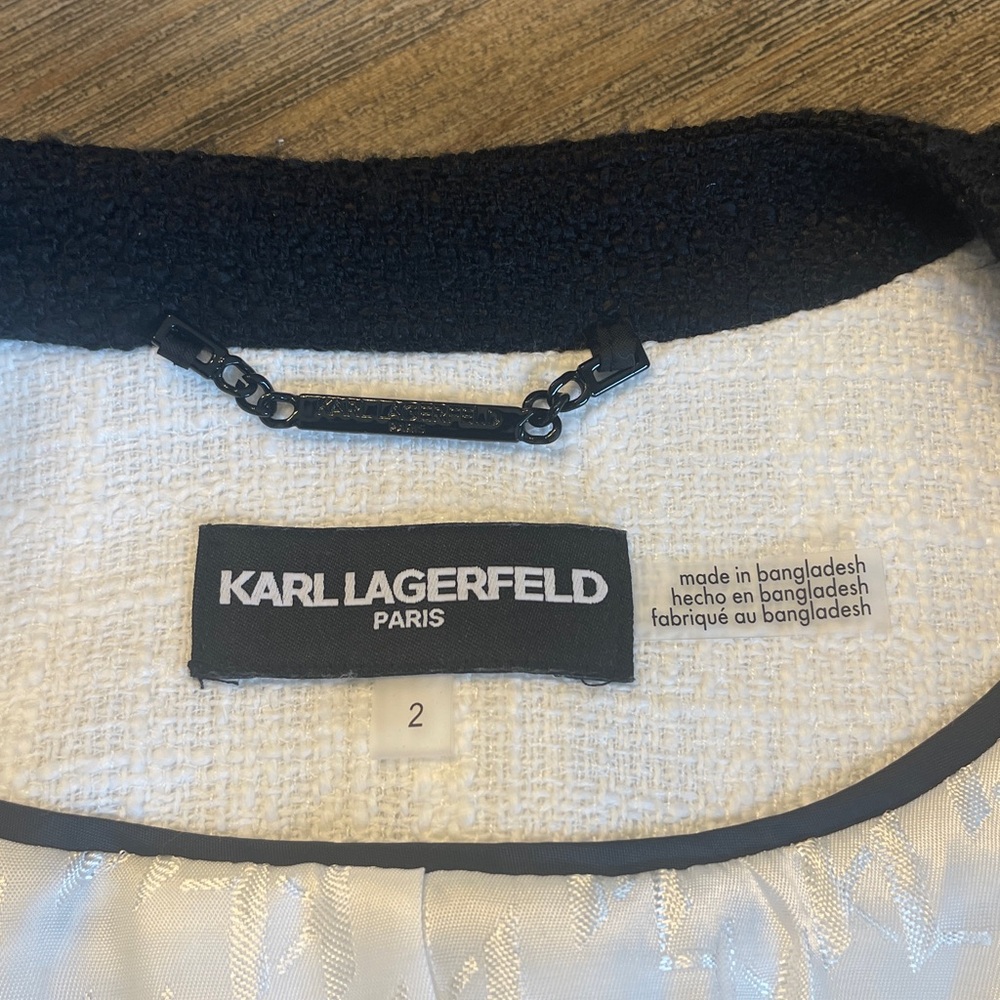 NWT KARL LAGERFELD PARIS TWEED OPEN FRONT COLOR BLOCK BLACK/WHITE BLAZER SIZE 2 - Picture 8 of 14